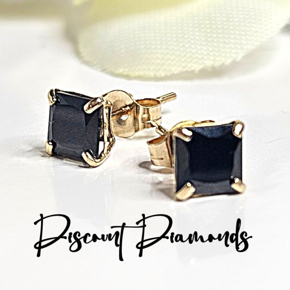 Square 0.76 Ct. 4 mm Princess Cut Black Sapphire on 14K Real Yellow Gold